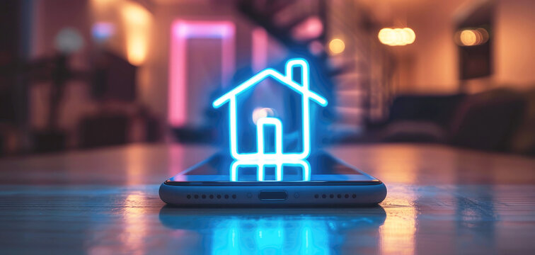 A mobile phone is on the table, above it is a neon projection of a house. Smart home system controlled via the Internet. Selective focus.