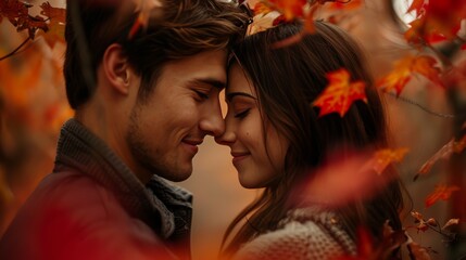 A young pair smiles and stares at each other in a forest, with fall leaves in the backdrop.