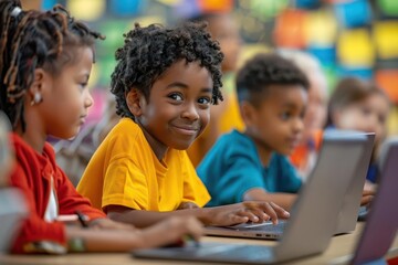 diverse classroom technology multicultural group of elementary students engaged with laptops colorful and dynamic learning environment focus on digital literacy
