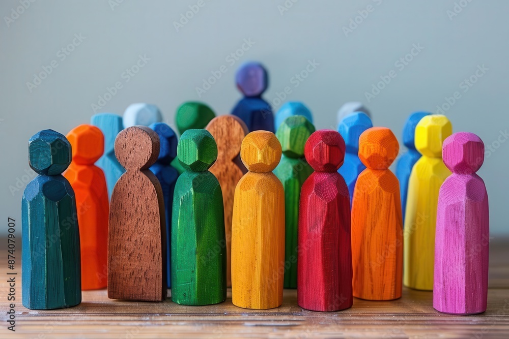 Poster diverse group of wooden and colorful figurines arranged to represent inclusivity the varied shapes a