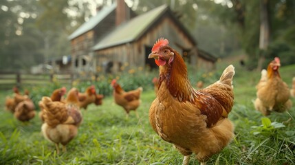 Serene Free-Range Chicken Farm - Scenic Image of Hens Roaming in Lush Green Pasture with Cozy Henhouse in Background