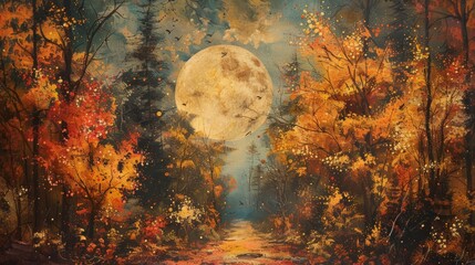 A full moon hangs over a path through a forest, with vibrant autumn foliage on either side. The scene is painted in a dreamlike style.