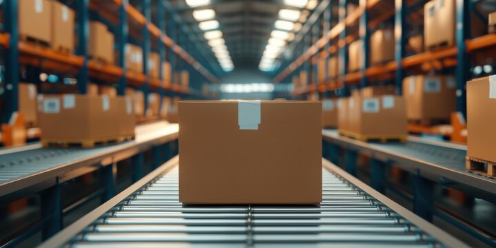 A cardboard box moving on a conveyor belt in a warehouse.
