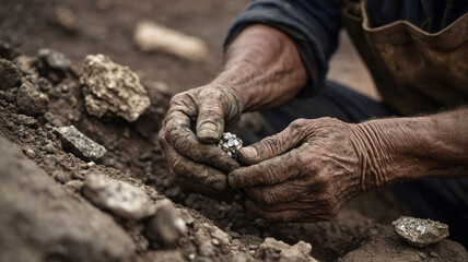 Miner hands holding lithium rocks extracted from rock ore. Mining for lithium, a key component of batteries