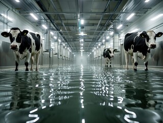 Modern Milking Parlor Efficiency - Capturing Dairy Cows Being Milked in a Contemporary Farm Setting