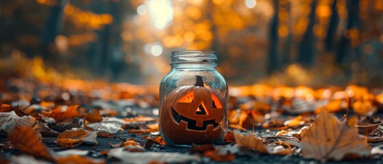 A jack-o-lantern sits in a pile of autumn leaves.