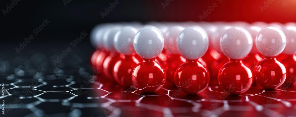 Poster abstract close-up of aligned molecules with metallic and reflective surfaces over hexagonal grid pat