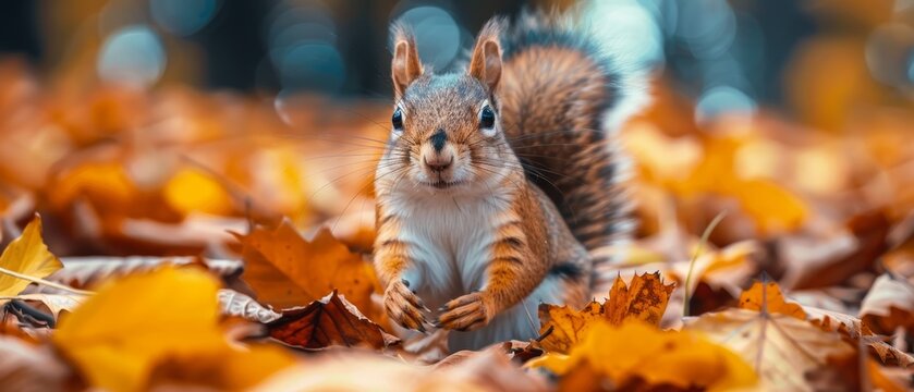 A squirrel sits in a bed of autumn leaves.