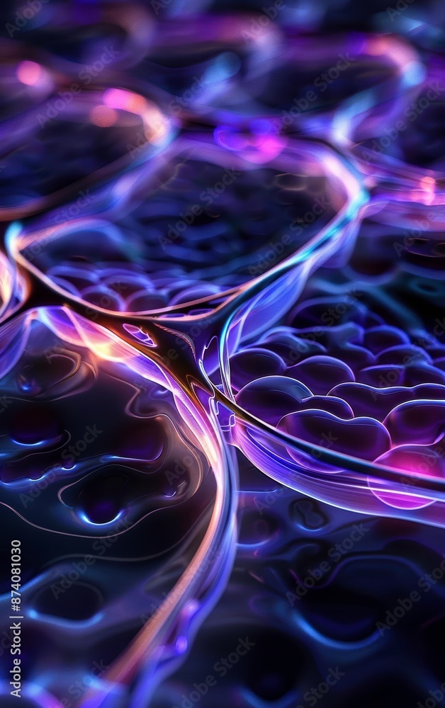 Poster abstract digital artwork with glowing purple and blue waves, creating a mesmerizing and futuristic v
