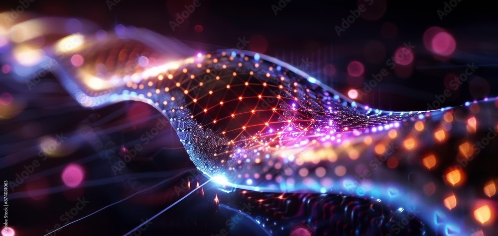 Poster abstract digital wave with glowing particles and neon lights, representing futuristic technology and