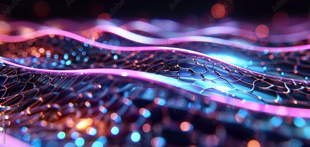 Poster abstract futuristic wave pattern with glowing lights and hexagonal shapes, showcasing a modern and t
