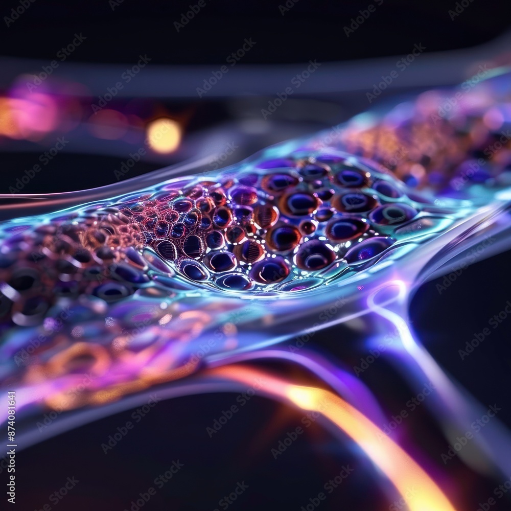 Poster close-up of a futuristic, abstract structure with glowing lights and intricate details, showcasing a