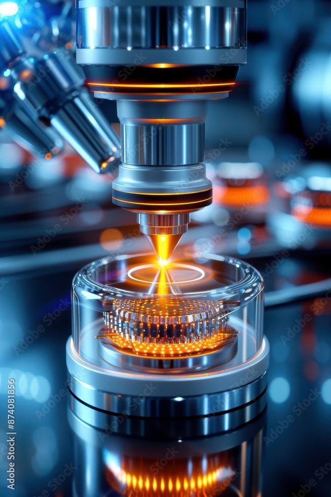 Poster close-up of a high-precision microscope examining a metallic component in a laboratory setting with 