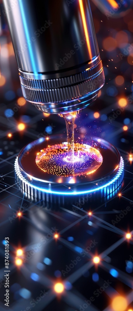 Poster close-up of a high-tech microscope examining a lit-up circuit board, showcasing intricate technology