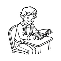 a boy reading a book vector line art