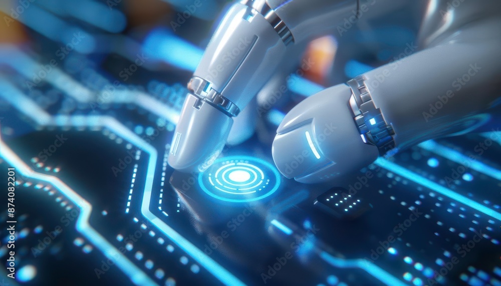 Poster close-up of a robotic hand interacting with a digital circuit board, symbolizing ai technology and f
