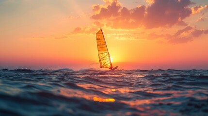 Energetic Windsurfing Moment With Athlete Riding Waves With Orange Sail Under Bright Daylight For Water Sport Advertising