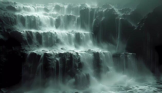 Code Cascade, waterfall made of cascading lines of code,  water symbolizes a commit or change in the codebase