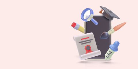 Online education concept banner in realistic style with phone, diploma, brush, pencil, graduate cap. Vector illustration