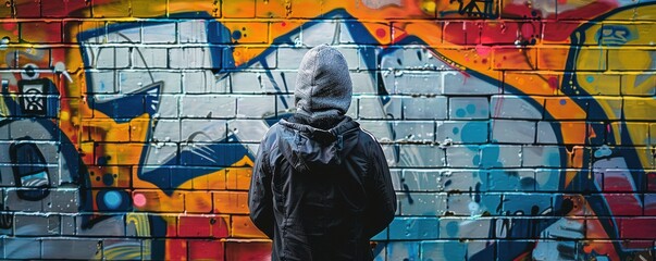 Obraz premium Man in hoodie standing in front of a graffiti-covered wall. Urban art scene full of colors. Free copy space for text.
