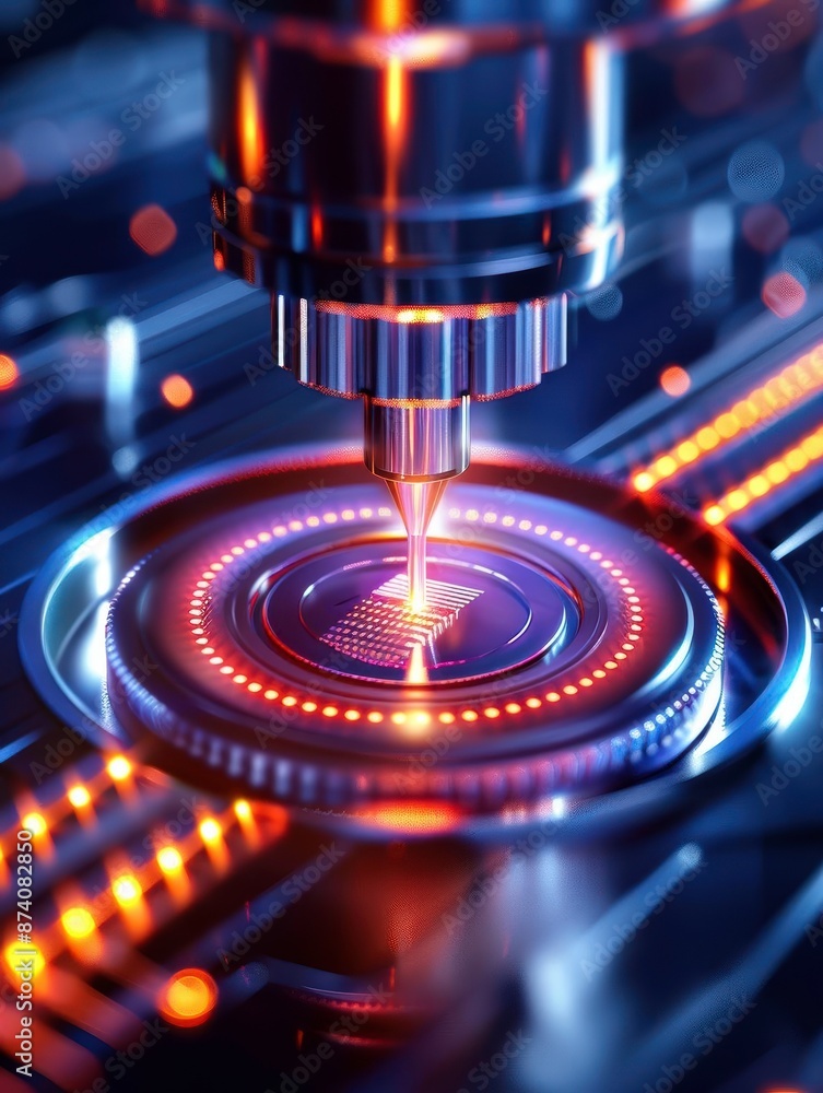 Poster close-up of high-tech precision machinery in action, showcasing intricate details and glowing lights