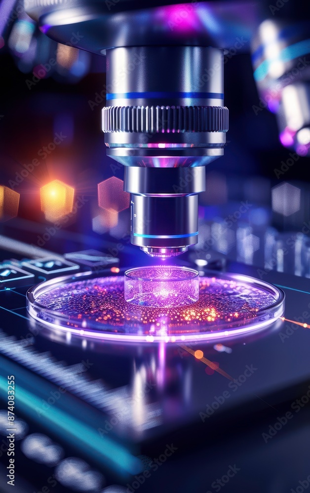 Poster close-up view of a microscope lens focusing on a sample slide, illuminated with a futuristic purple 