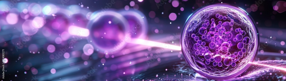 Poster digital illustration of glowing purple spheres with complex inner structures, creating a futuristic 