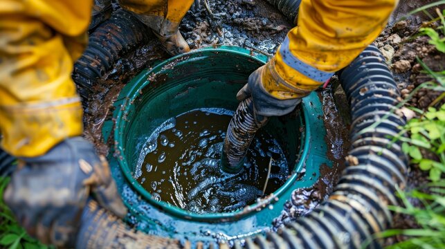 Close up of septic tank pumping process showing powerful vacuum hose removing accumulated sludge and scum,