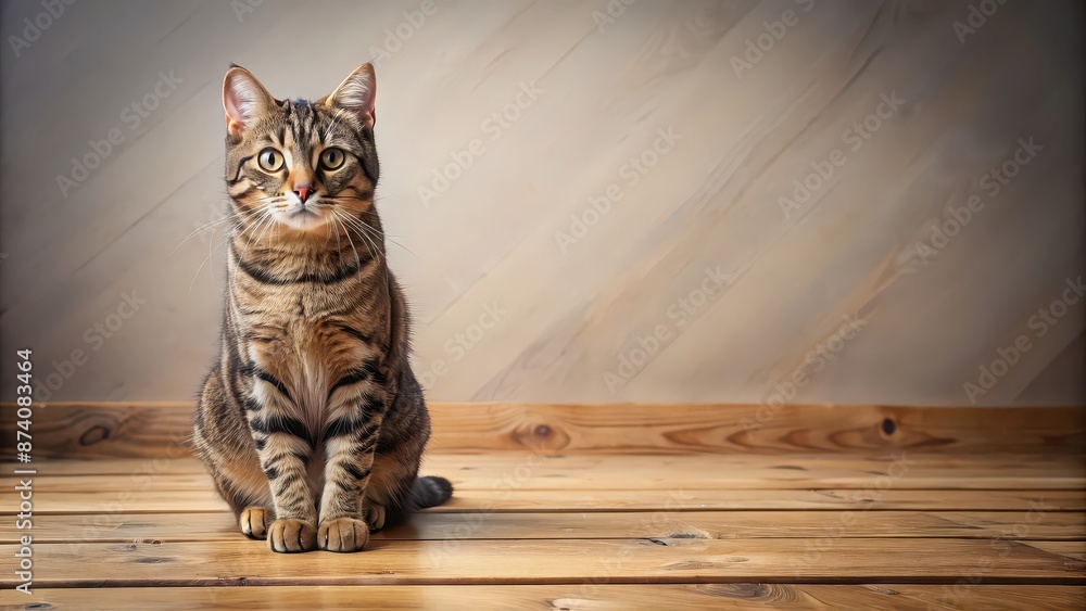 Wall mural A cute tabby cat sitting on the wooden floor , cat, tabby, animal, pet, feline, cute, sitting, wooden, floor, domestic, indoor