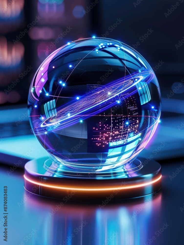 Poster futuristic crystal ball with glowing lights and digital interface, perfect for technology and innova