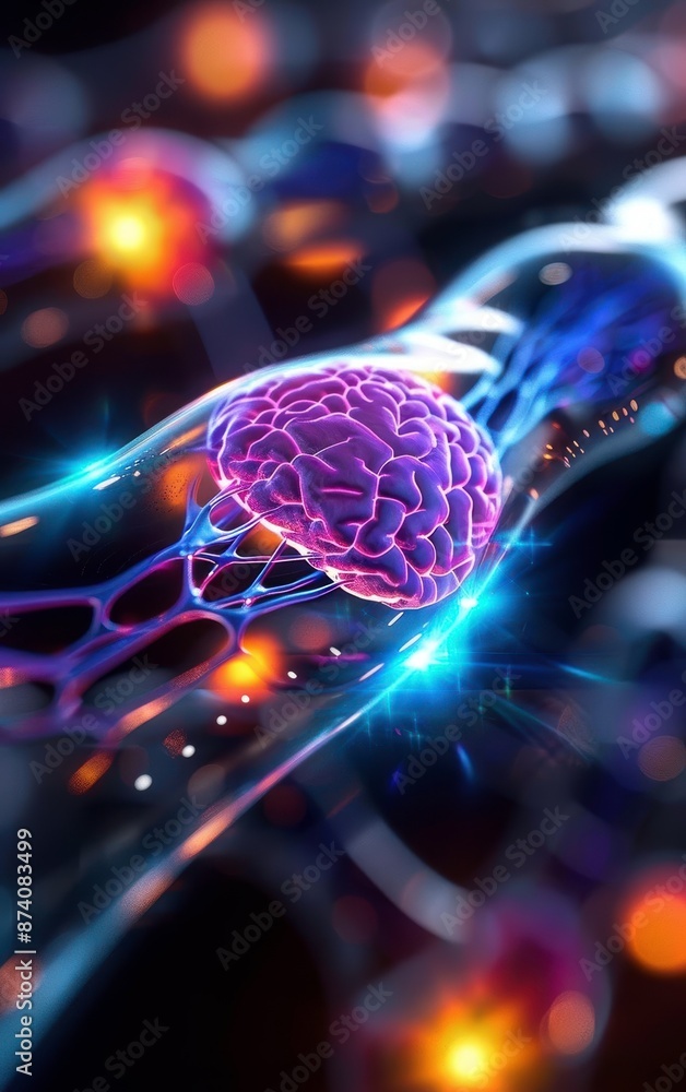 Poster futuristic depiction of a brain with neural connections, glowing synapses, and abstract technologica