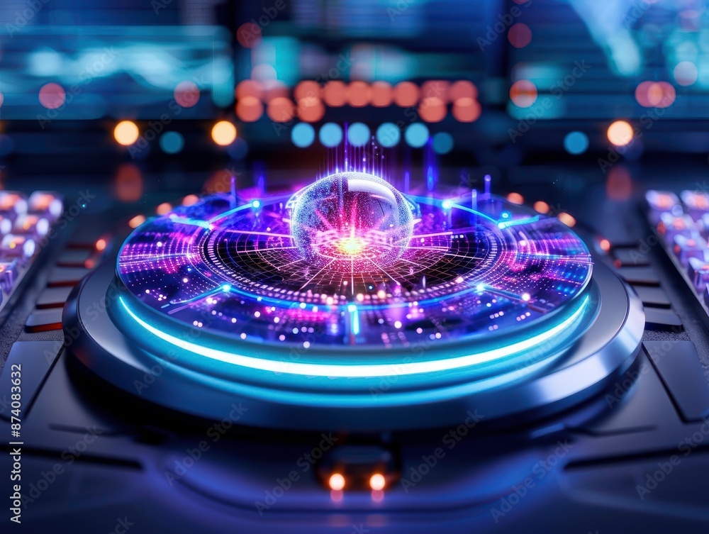 Poster futuristic digital interface with holographic globe, advanced technology concepts, and intricate cir