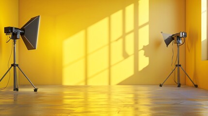 Yellow wall with sunlight and shadow from the window. Abstract background. Abstract yellow wall with shadow of window and sunbeam on it