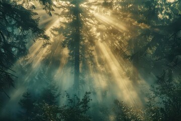 Fototapeta premium ethereal forest scene with mist swirling among towering evergreens shafts of sunlight piercing through canopy creating a dreamlike atmosphere with desaturated color palette