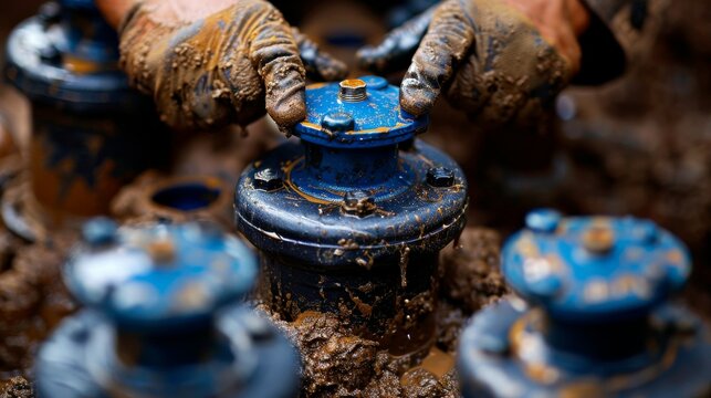 A close up of hands turning the control valves on a septic pumping truck before starting the pumping process,