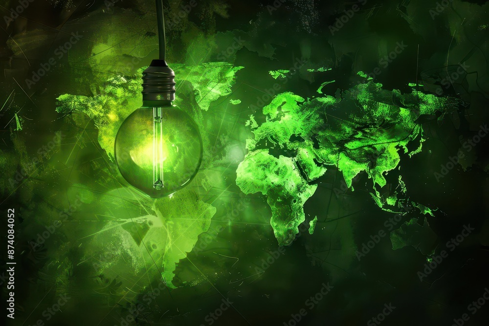 Aufkleber ethereal green world map illuminated within a glowing light bulb floating against a verdant backdrop