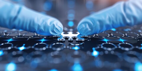 Gloved hands fit the final puzzle piece into place, symbolizing teamwork, accuracy, and the completion of a complex task on a reflective surface.