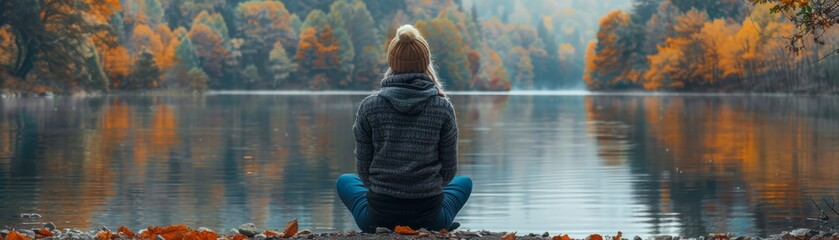 Fototapeta premium Woman sits by a lake, lost in thought, surrounded by fall foliage.
