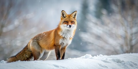 Obraz premium A beautiful red fox standing in a snowy winter landscape, fox, snow, winter, cold, animal, nature, wilderness, wildlife, fur, ice