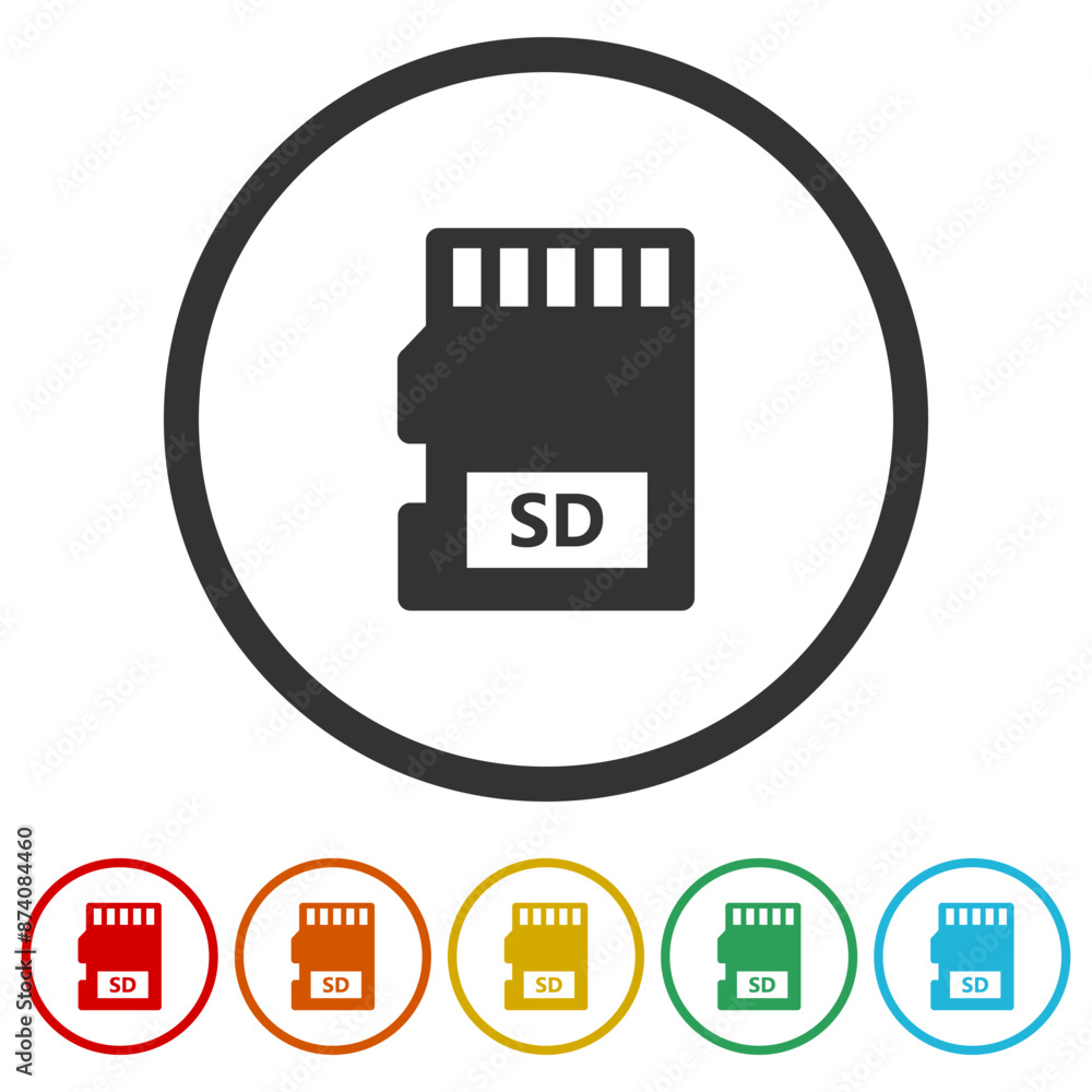Poster sd memory card flat icon. set icons in color circle buttons