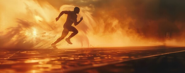 Naklejka premium Athlete in motion highlighted in a high-speed capture. Dynamic and energetic athletics. Free copy space for text.