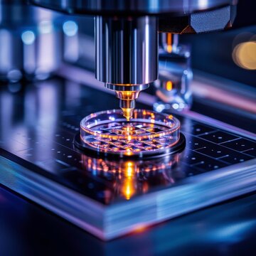 High-tech microscope examining a petri dish under precision lighting, showcasing advanced laboratory equipment in a scientific setting.