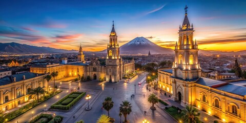 Fototapeta premium Aerial view of Plaza de Armas, Arequipa Cathedral, Misti Volcano at blue hour/sunset, Arequipa, Peru