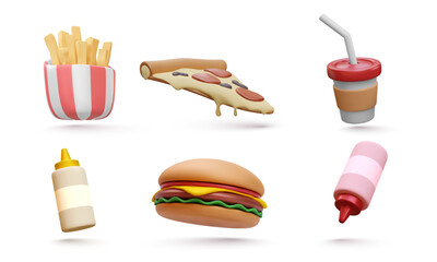 Set of fast food elements isolated on white background. Sauce, burger, french fries, pizza, soda in 3D realistic style. Vector illustrator