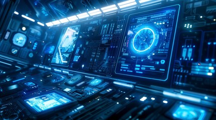 Obraz premium Futuristic control room with neon blue lighting, holographic screens, and digital interfaces, perfect for sci-fi projects.