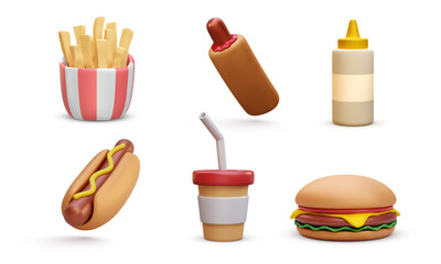 Set of fast food elements isolated on white background. Sauce, burger, french fries, hot god, soda in 3D realistic style. Vector illustrator