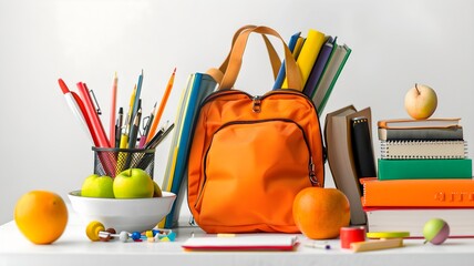  A neatly arranged back-to-school setup with a decent bag filled with books, various stationery supplies, and fresh fruit , all on a solid white background. 
