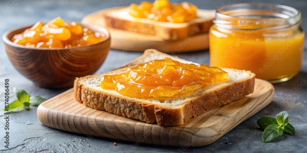 Poster Close-up of fresh toast bread with orange jam, a tasty and sweet food for lunch, makes a delicious snack, toast, bread, orange jam