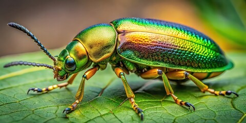 Fototapeta premium Close-up of a vibrant goldsmith beetle displaying detailed yellow and green exoskeleton, legs, and antennae, goldsmith beetle