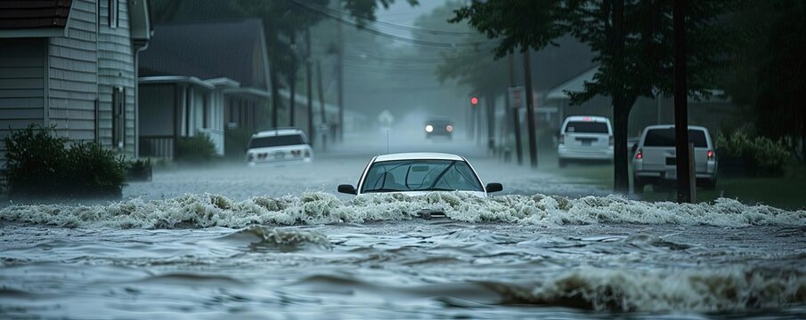 storm causing flash floods A storm causing sudden flash floods in a residential area